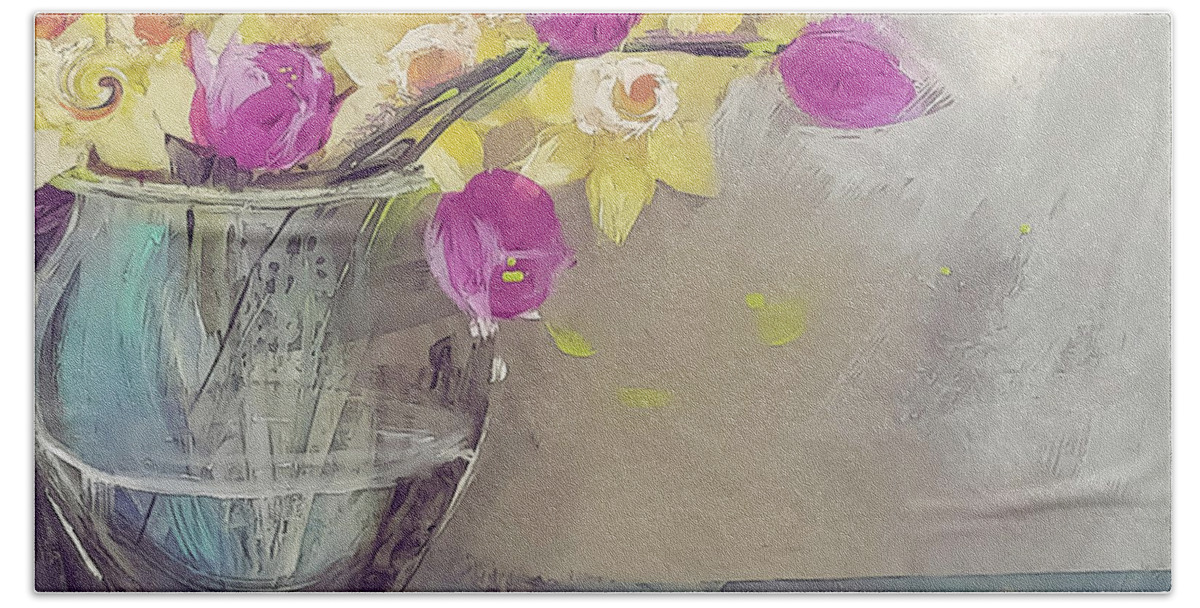 Fun Beach Towel featuring the painting Tulips And Daffodils In A Glass Vase by Lisa Kaiser