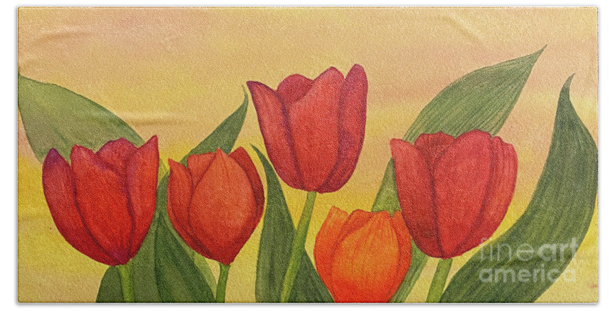 Tulips Beach Towel featuring the painting Tulips at Sunset by Lisa Neuman