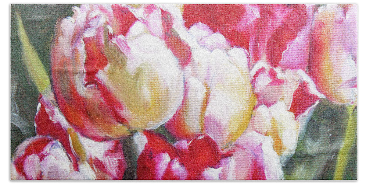 Tulips Beach Towel featuring the painting Tulips from the Market by Roxanne Dyer