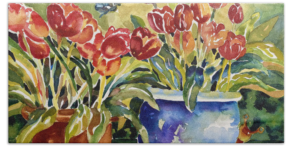 Red Tulips Beach Towel featuring the painting Tulips in Pots by Ann Nicholson