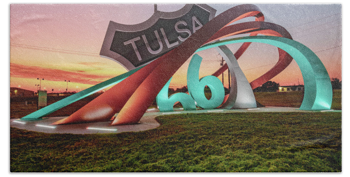Tulsa Oklahoma Beach Towel featuring the photograph Tulsa Rt 66 Rising Out of Mingo Rd Circle - Oklahoma Sunrise by Gregory Ballos