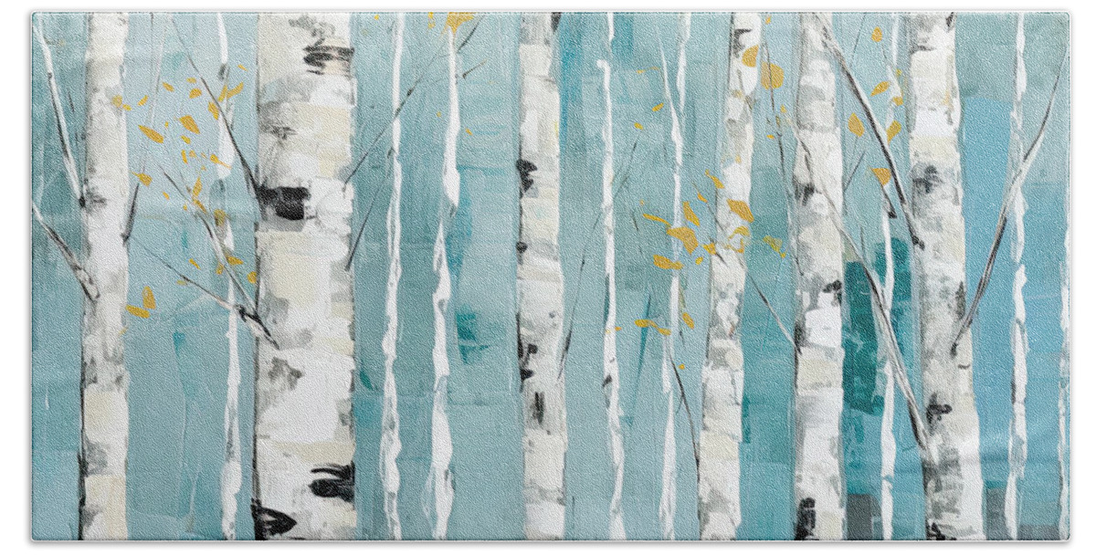 Turquoise Beach Towel featuring the painting Turquoise Birch Trees by Lourry Legarde