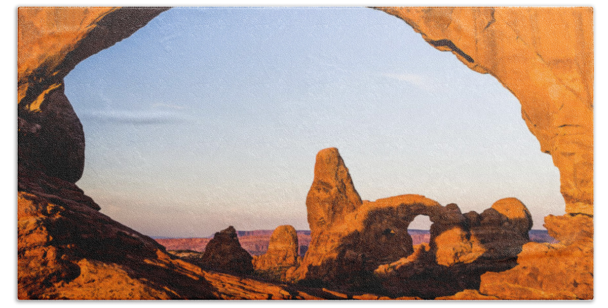 3scape Beach Sheet featuring the photograph Turret Arch at Sunrise by Adam Romanowicz
