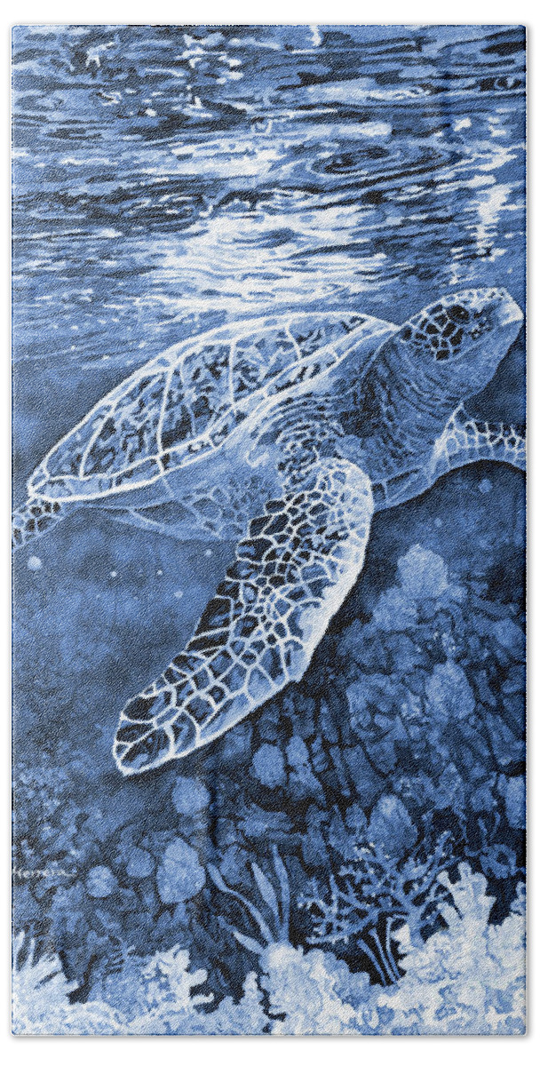 Urtle Beach Towel featuring the painting Turtle Reflections in Blue by Hailey E Herrera