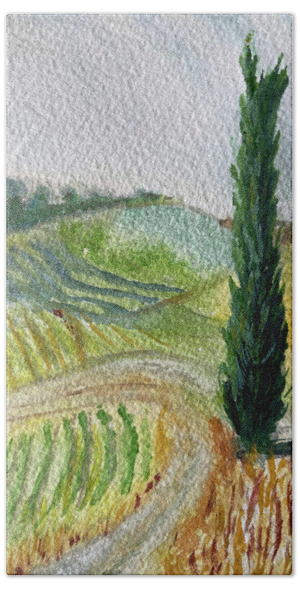 Cypress Tree Beach Towel featuring the painting Tuscan Cypress Tree Landscape by Roxy Rich