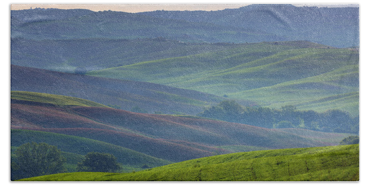 Background Beach Towel featuring the photograph Tuscany foggy morning hill landscape by Mikhail Kokhanchikov