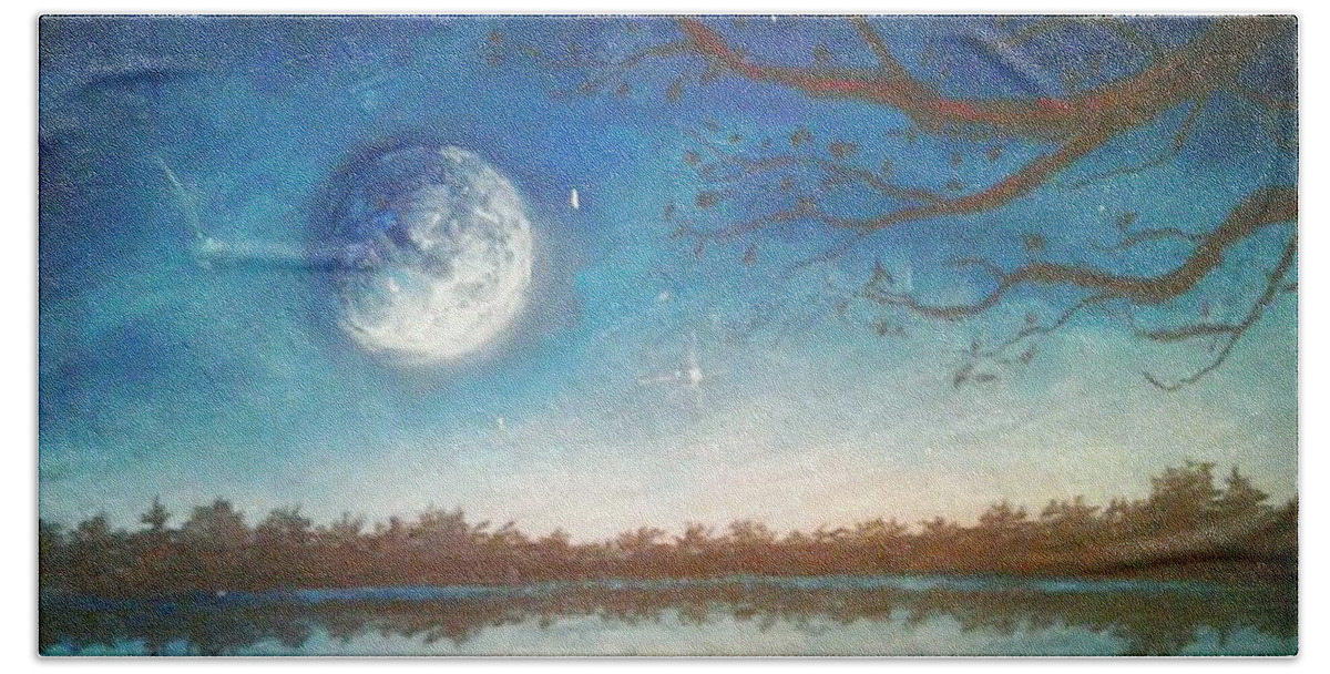 Moon Painting Beach Towel featuring the painting Twilight Dreaming by Jen Shearer