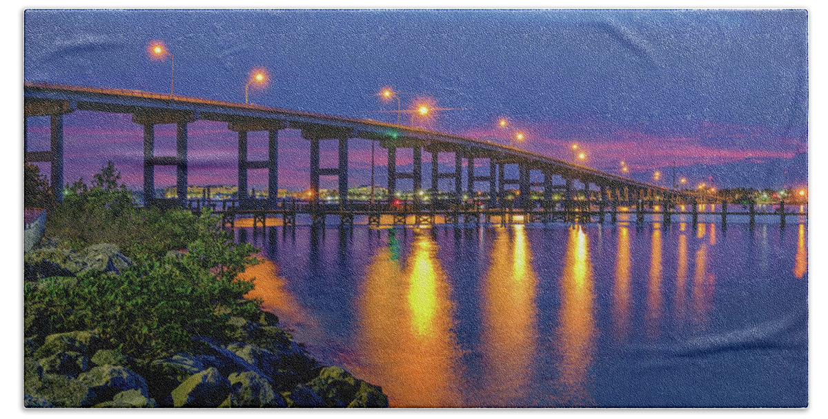 Fort Pierce South Bridge Beach Towel featuring the photograph Twilight over Fort Pierce South Bridge A Serene View of the Waterway by Kim Seng