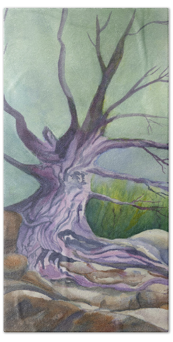 Twisted Snarly Tree In A Bed Of Rocks Beach Towel featuring the painting Twisted by Martha Lancaster