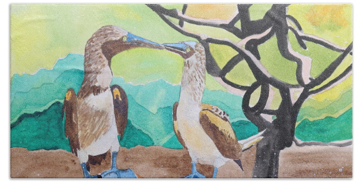 Blue-footed Boobies Beach Towel featuring the painting Two Blue-Footed Boobies by Karen Merry