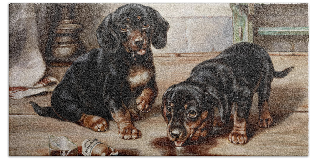 Carl Reichert Beach Towel featuring the painting Two Dachshunds Feast on Drug of Broken Apothecary Jar by Carl Reichert