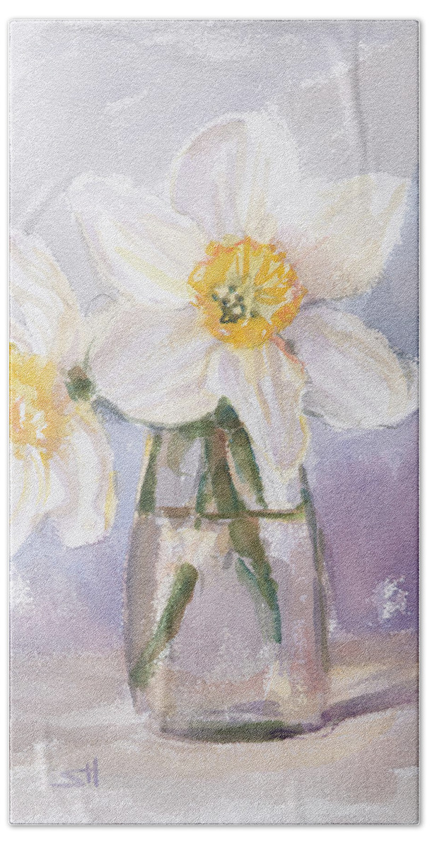 Daffodil Beach Towel featuring the painting Two Daffodils by Steve Henderson