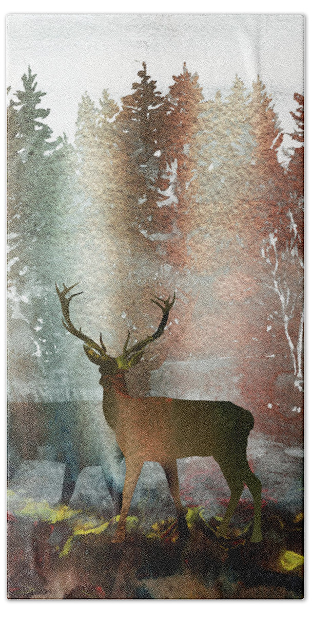 Deer Beach Towel featuring the painting Two Deer Bucks In The Fall Forest Watercolor Silhouette by Irina Sztukowski