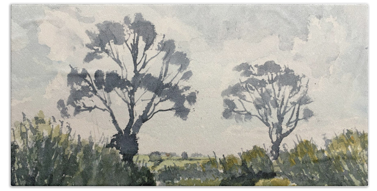 Watercolour Beach Towel featuring the painting Two Trees on Thwing Road by Glenn Marshall