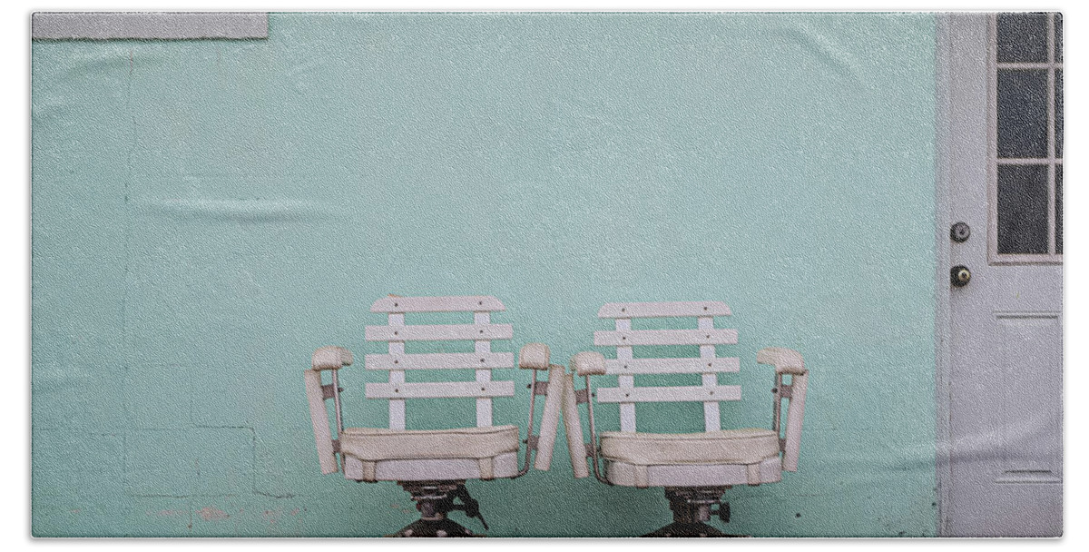 Fishing Beach Towel featuring the photograph Two White Chairs by Steve Stanger