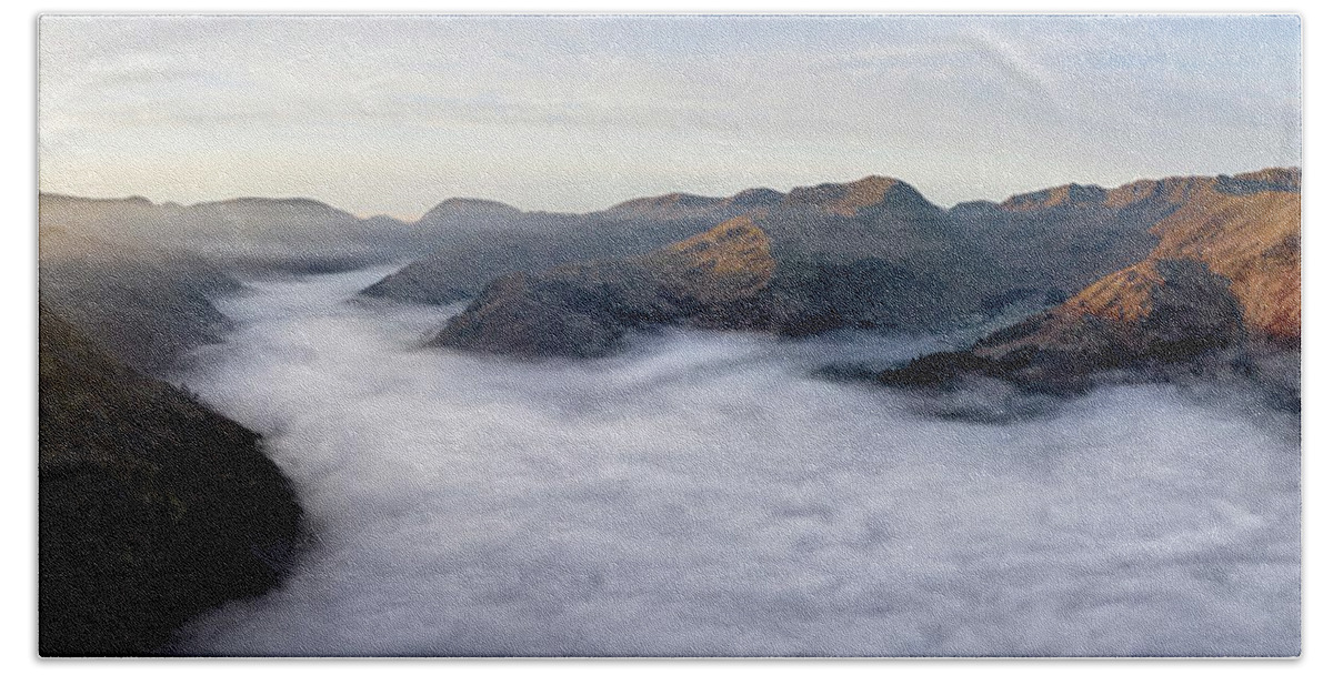 Panorama Beach Towel featuring the photograph Ullswater and Glenridding aerial cloud inversion lake district by Sonny Ryse