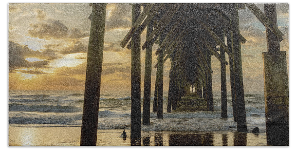 North Carolina Beach Towel featuring the photograph Under Surf City Pier at Sunrise 2 by Joni Eskridge