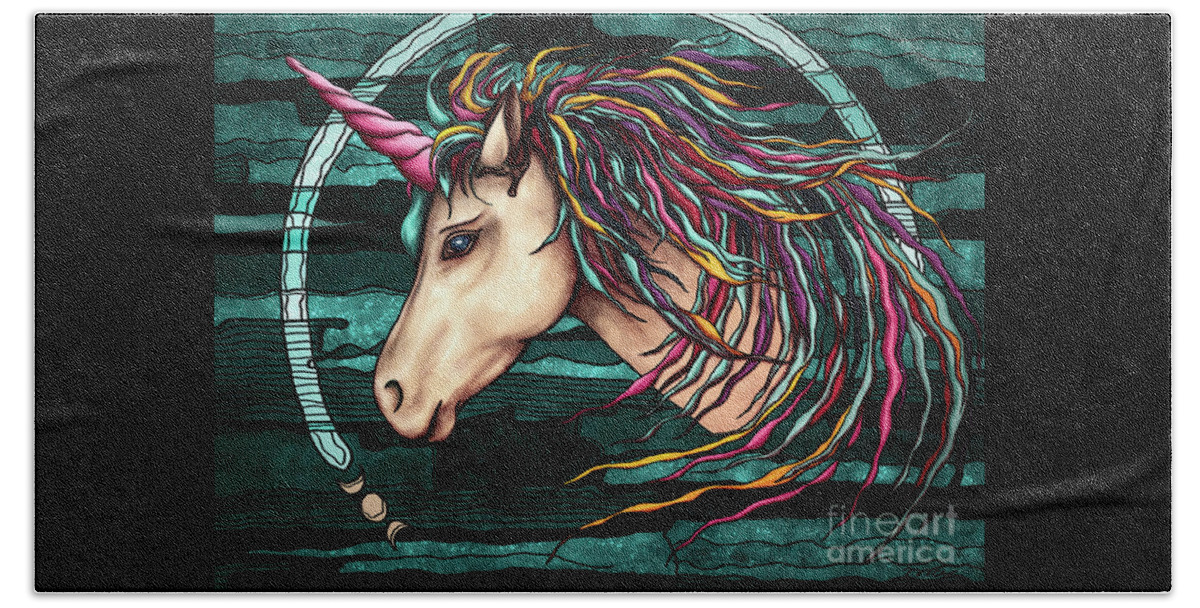 Unicorn Beach Towel featuring the painting Boho unicorn with moon phases, rainbow unicorn by Nadia CHEVREL