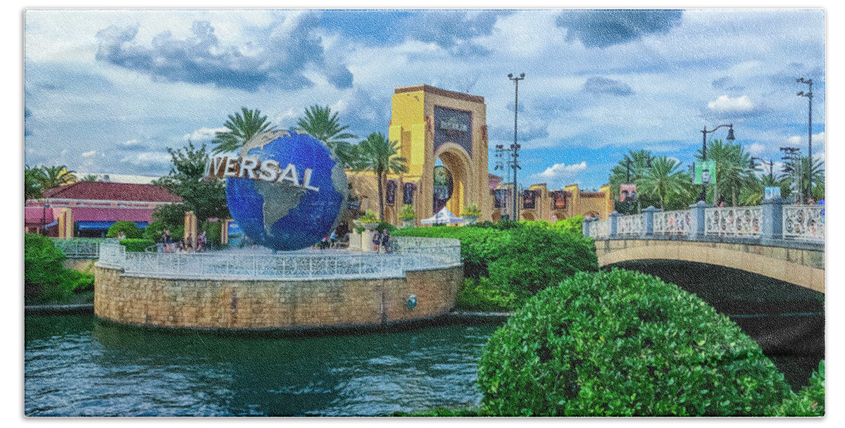 Universal Orlando Resort Beach Towel featuring the photograph Universal Orlando Globe AP01 by Carlos Diaz