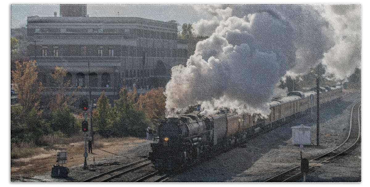 Railroad Beach Towel featuring the photograph UP 4014 Big Boy departs Union Station at Little Rock Arkansas by Jim Pearson