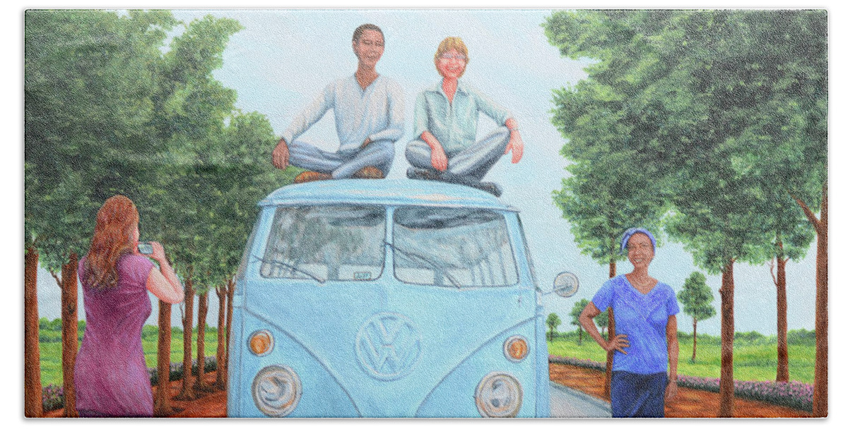 Kombi Beach Towel featuring the painting Us and the Kombi by Aicy Karbstein