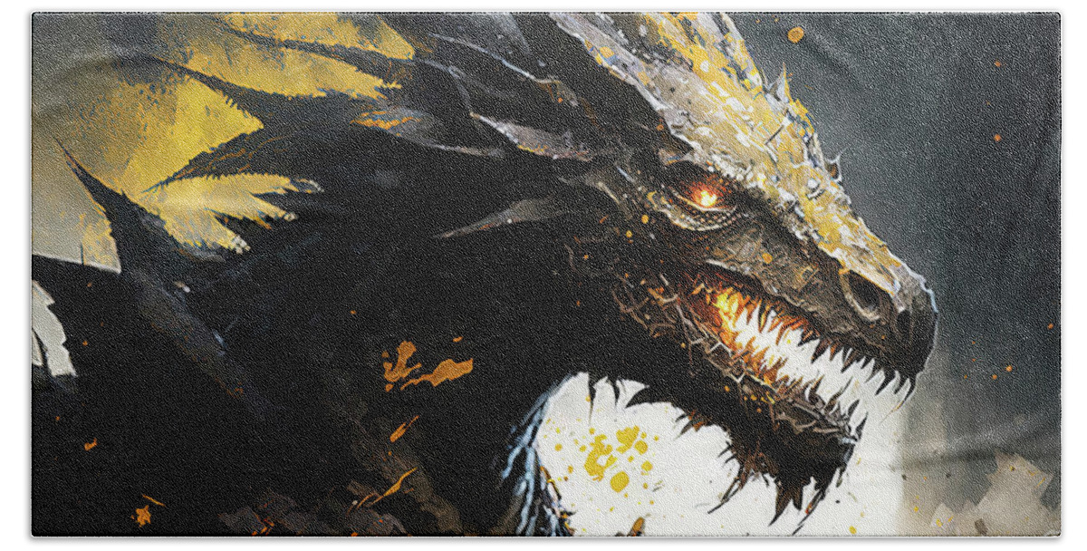 Dragon Beach Towel featuring the painting Vagahr the Black Dragon, 03 by AM FineArtPrints