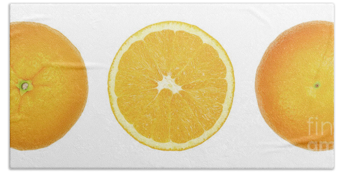 Valencia orange, top view, cross section and bottom view, over white ...