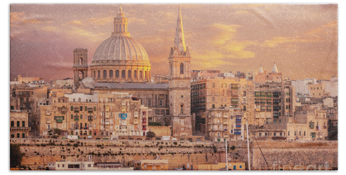 Valletta Skyline Beach Towel featuring the photograph Valletta Skyline at Sunset, Malta by Neale And Judith Clark