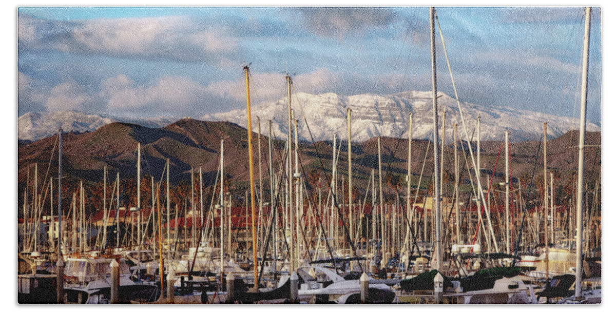 Photographs Beach Towel featuring the photograph Ventura California Marina with Snow Covered Topa Topa Mountains by John A Rodriguez