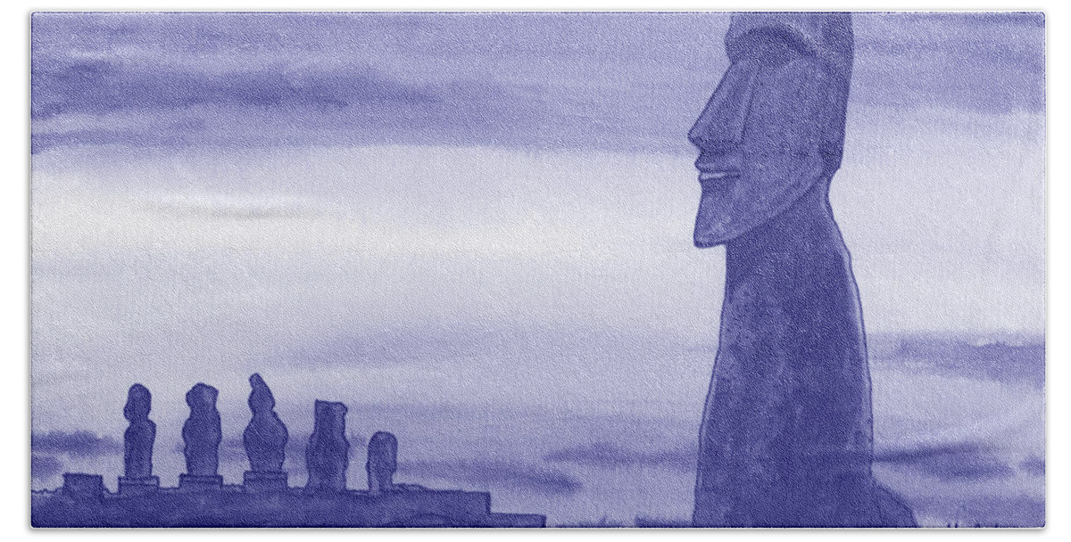 Easter Island Beach Towel featuring the painting Very Peri Purple Blue Gorgeous Sunset With Magical Statues Of Easter Island Chile Watercolor by Irina Sztukowski