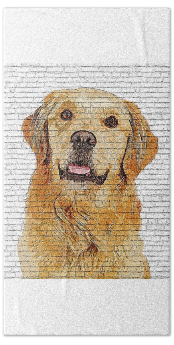 Golden Beach Towel featuring the painting Very Smart Golden Retriever - Brick Block Background by Custom Pet Portrait Art Studio