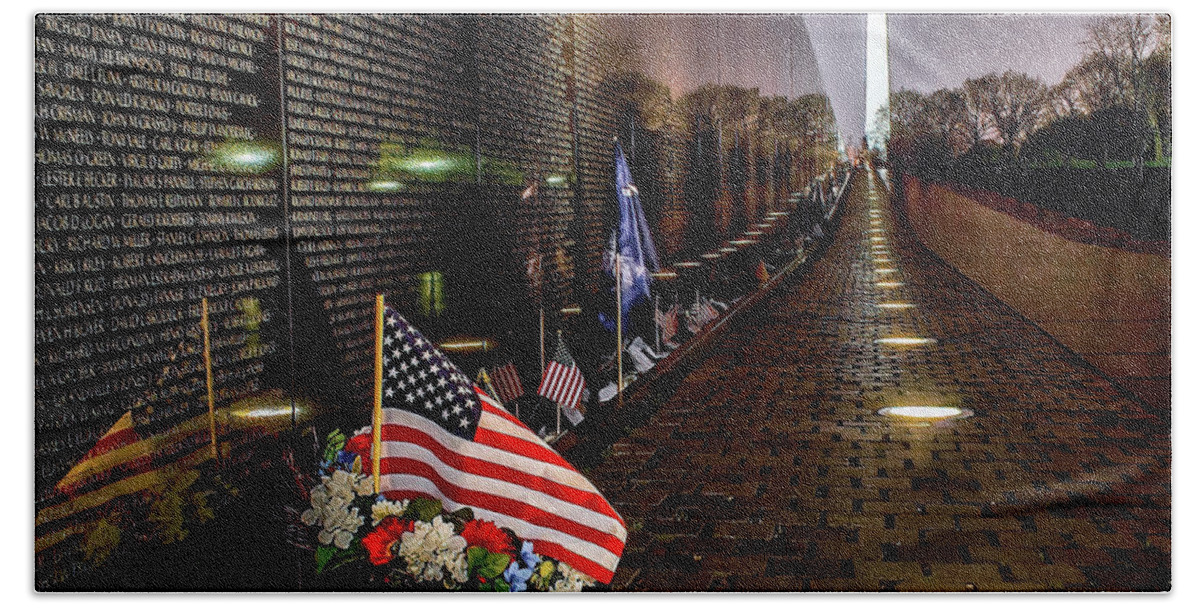 Vietnam Beach Towel featuring the photograph Vietnam Veterans Memorial at Night by Nick Zelinsky Jr