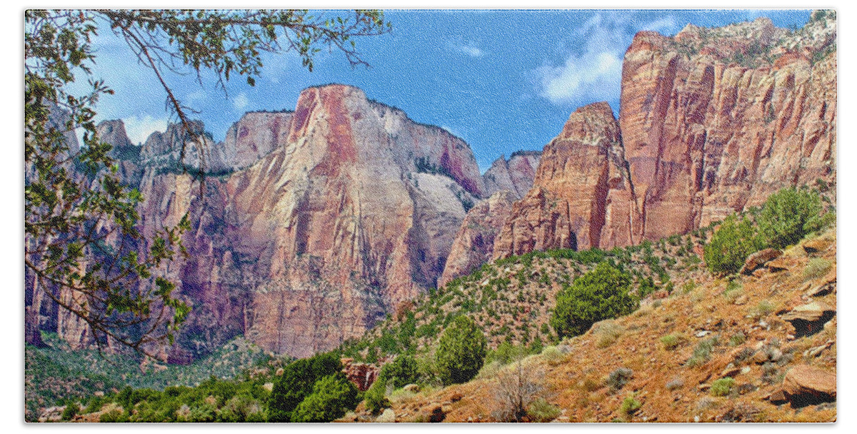 View From Grounds Of Zion Canyon Lodge In Zion Canyon In Zion National Park Beach Towel featuring the photograph View from Grounds of Zion Canyon Lodge in Zion Canyon in Zion National Park, Utah by Ruth Hager