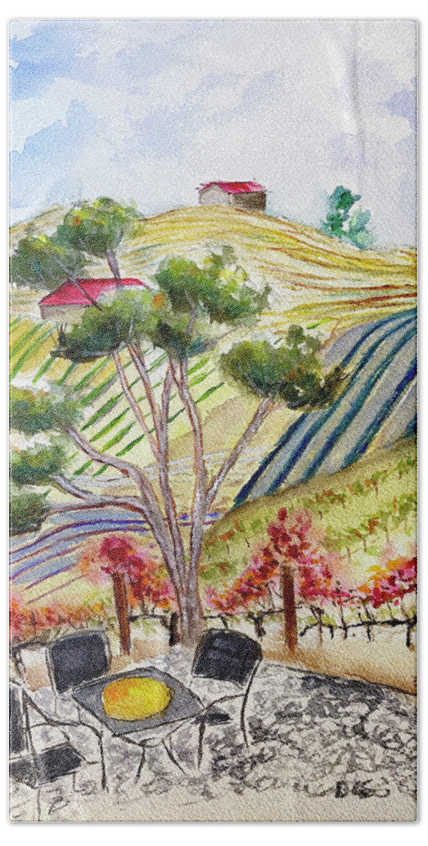 View Beach Towel featuring the painting View from the patio at Gershon Bachus Vintners by Roxy Rich