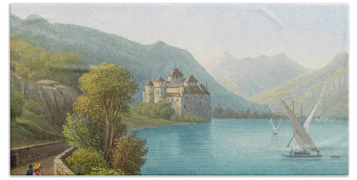 Hubert Sattler Beach Towel featuring the painting View of Chillon Castle on Lake Geneva by Hubert Sattler