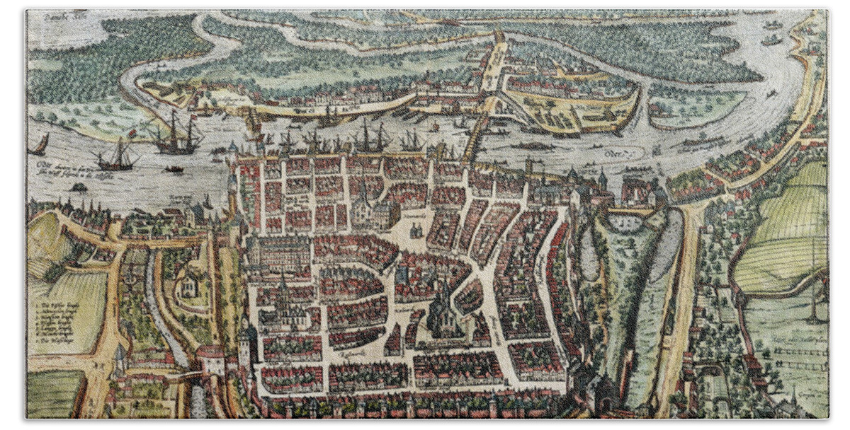 1588 Beach Towel featuring the drawing View Of Szczecin, 1588 by Georg Braun and Franz Hogenberg