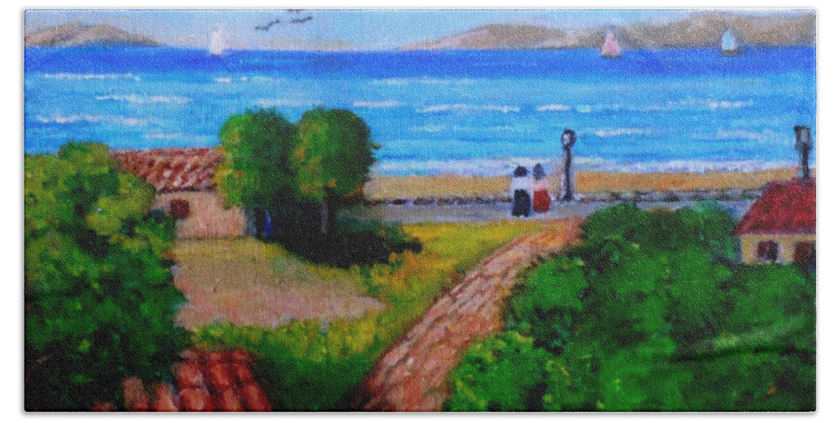 Greece Beach Towel featuring the painting Village Drepanon in Greece by Konstantinos Charalampopoulos