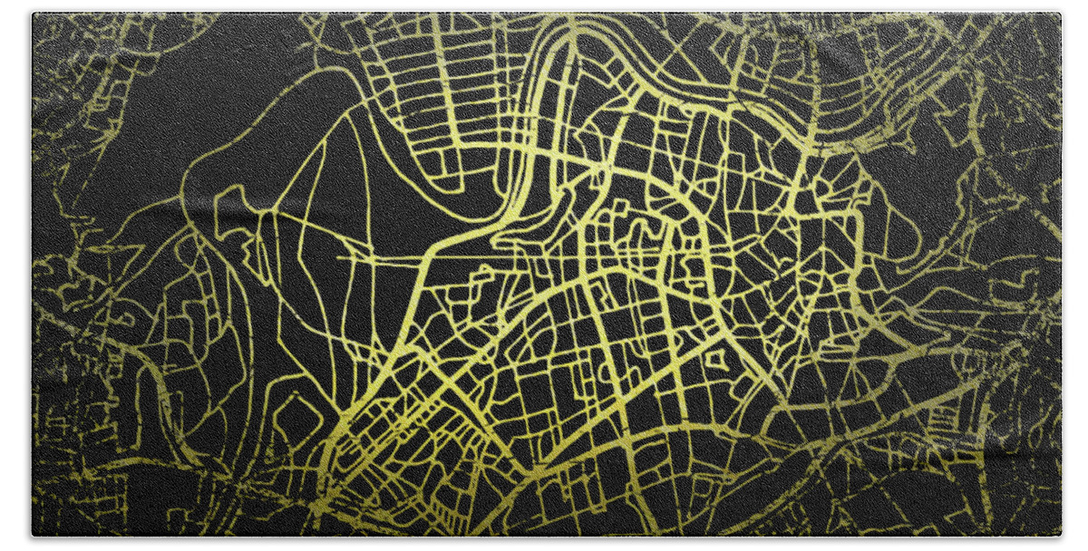 Map Beach Towel featuring the digital art Vilnius Map in Gold and Black by Sambel Pedes