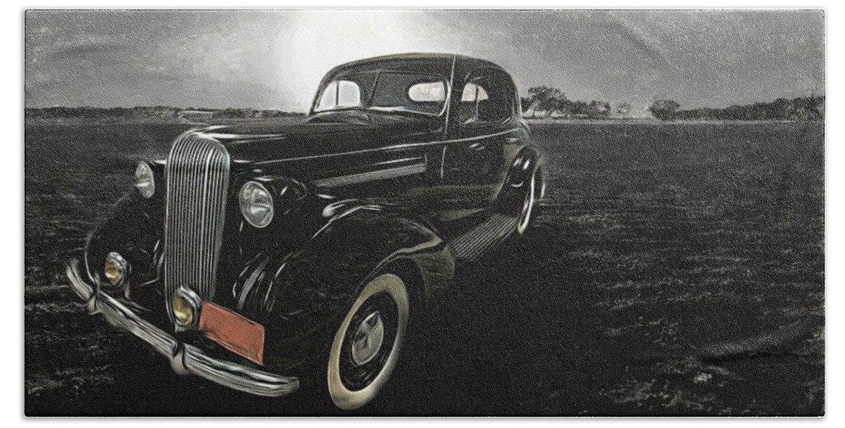 Classic Cars Beach Towel featuring the mixed media Vintage 1936 Buick Classic Motorcar Sunset Beach by Joan Stratton