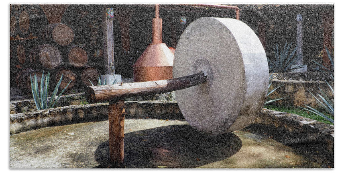Agave Beach Towel featuring the photograph Vintage Agave Press for Making Tequila by Bill Swartwout