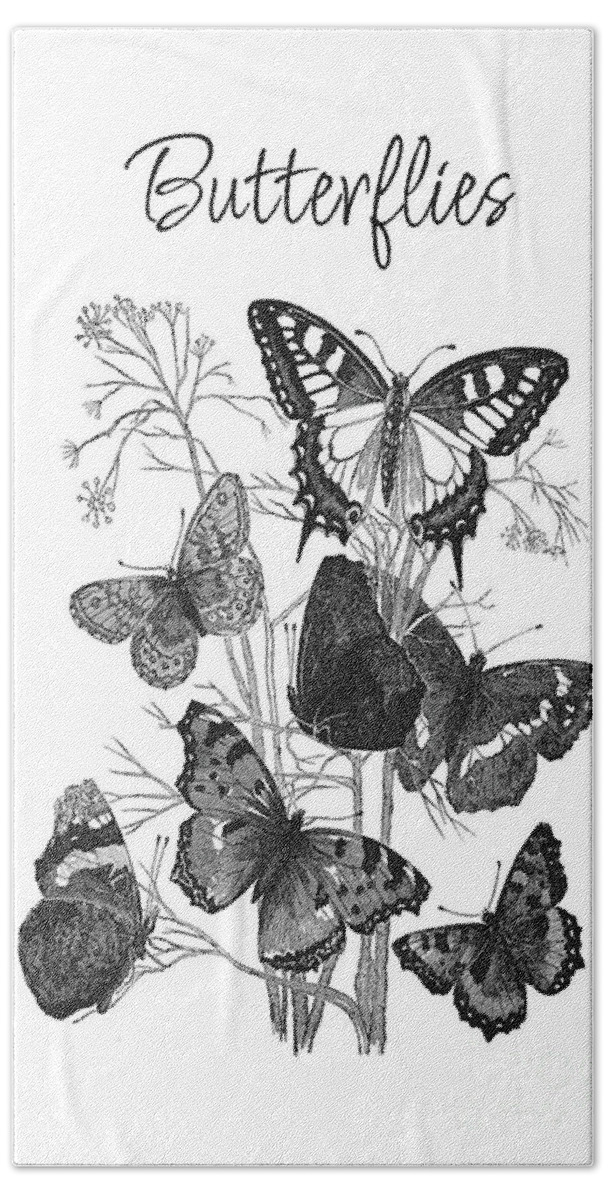 Black And White Beach Towel featuring the mixed media Vintage Butterflies by Tina LeCour