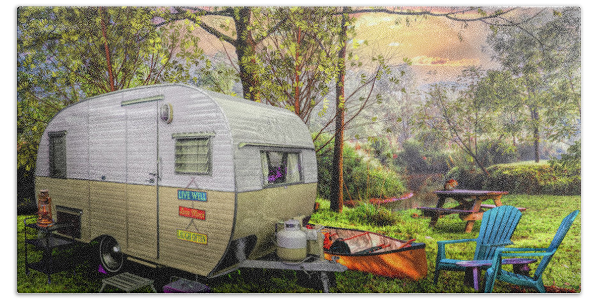 Camper Beach Towel featuring the photograph Vintage Camping at the Creek by Debra and Dave Vanderlaan