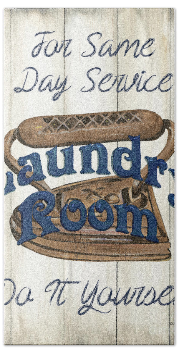 Laundry Beach Towel featuring the painting Vintage Laundry Room Indigo 1 by Debbie DeWitt