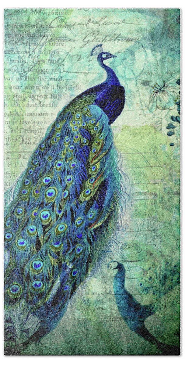 Peacocks Beach Towel featuring the mixed media Vintage Peacocks and Botanicals Collage by Peggy Collins