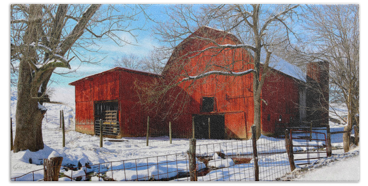 Red Beach Towel featuring the photograph Vintage Red Barn in Snow by Shelia Hunt
