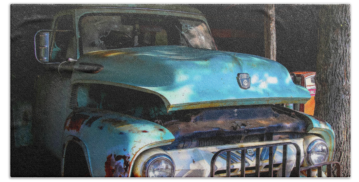 Vintage Beach Towel featuring the photograph Vintage Truck in Shadows by Pam Rendall