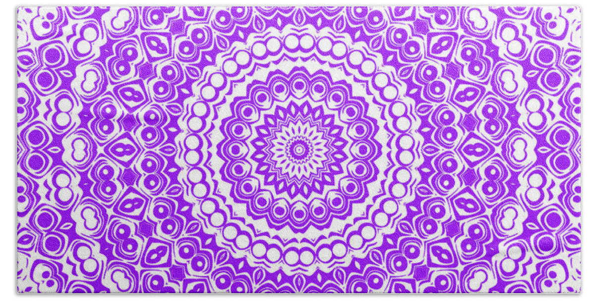 Violet Beach Towel featuring the digital art Violet and White Mandala Kaleidoscope Medallion Flower by Mercury McCutcheon