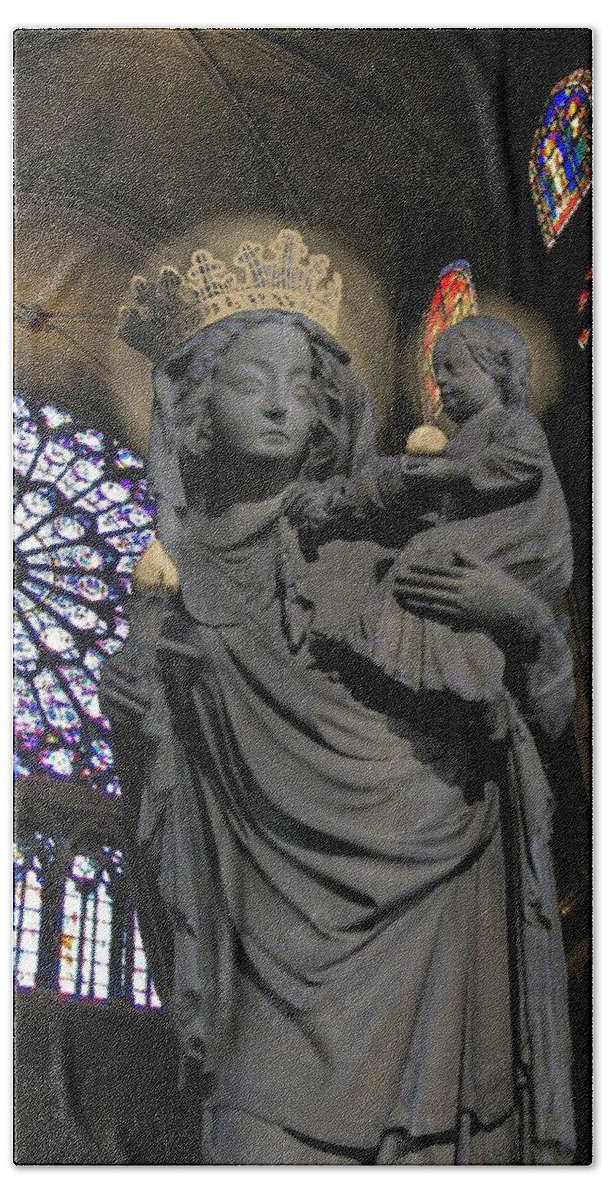 Notre Dame Beach Towel featuring the mixed media Virgin and Christ Notre Dame by Joan Stratton