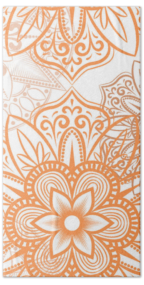 Colorful Beach Towel featuring the digital art Vitiria - Artistic Orange Mandala Pattern by Sambel Pedes