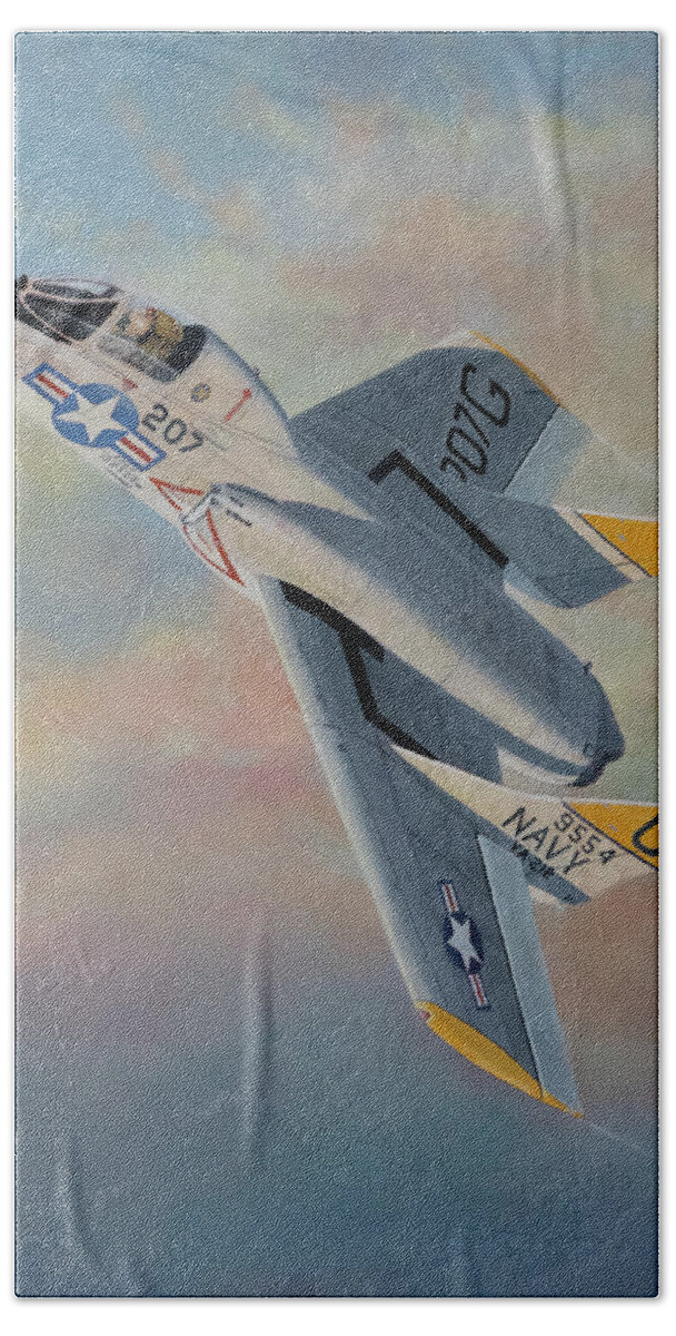 Airplane Beach Towel featuring the painting Vought F7U Cutlass by Douglas Castleman